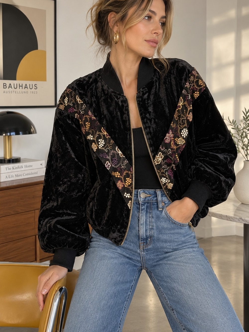 Vintage Lace & Co. Black Velvet Bomber Jacket Embroidered 90s Y2K Size 7/8